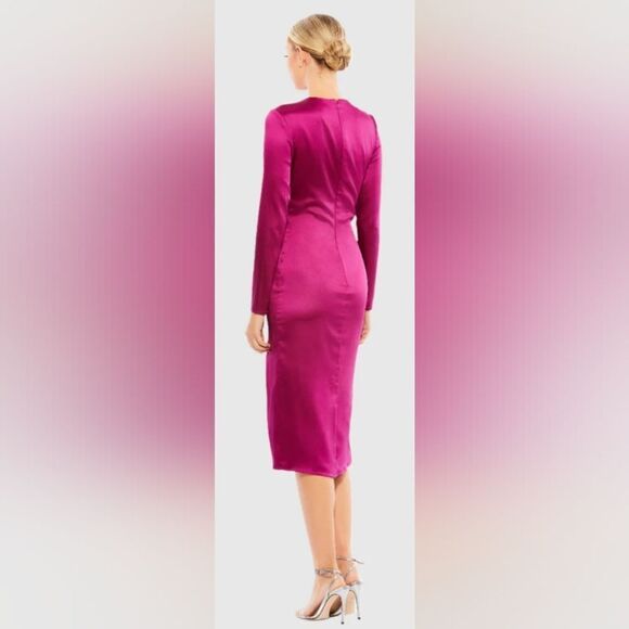 Mac Duggal 26675 Side Twist Long Sleeve Satin Midi Dress NWOT sz 4 Magenta Pink - Picture 2 of 6